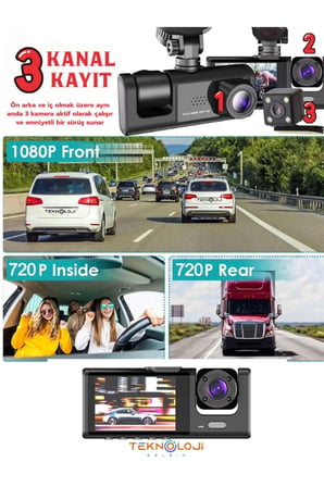 1080P Dash Cam Full Hd Araç içi Kamera Ön Arka ve İç Kayıt 3 Kamera Gece Görüşlü G Sensör Geniş Açı