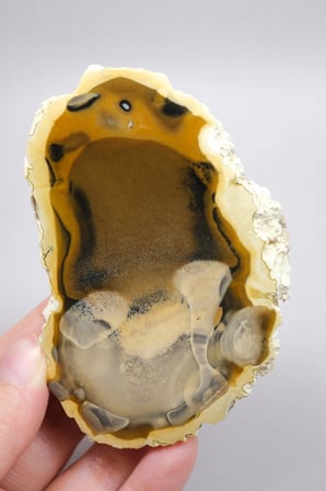 Amber ve Kahverengi Merlinit - Bal Dendritik Opal Yarım, Şeffaf Vurgular, 150g