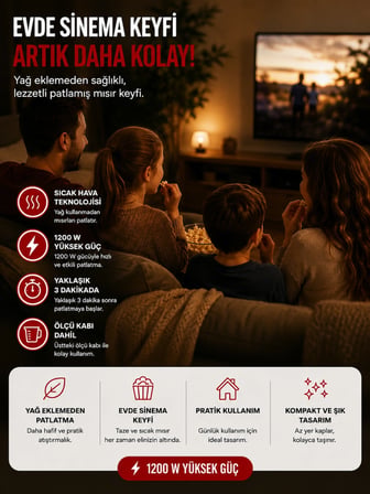 1200W Sıcak Hava Patlamış Mısır Makinesi Yağsız Popcorn Mısır Patlatma Makinesi Ölçü Kaplı