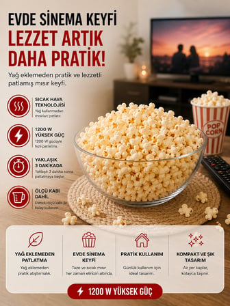 1200W Sıcak Hava Patlamış Mısır Makinesi Yağsız Popcorn Mısır Patlatma Makinesi Ölçü Kaplı