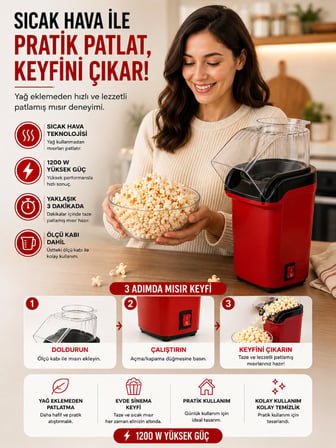 1200W Sıcak Hava Patlamış Mısır Makinesi Yağsız Popcorn Mısır Patlatma Makinesi Ölçü Kaplı