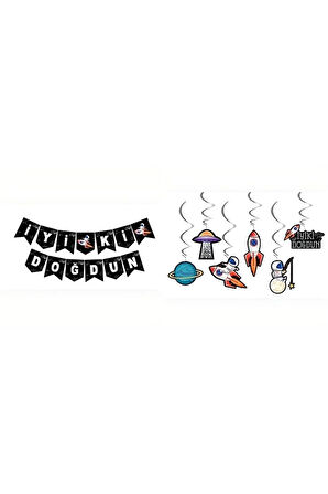 Uzay Tema Doğum Günü Iyiki Doğdun Banner 6lı Tavan Süs