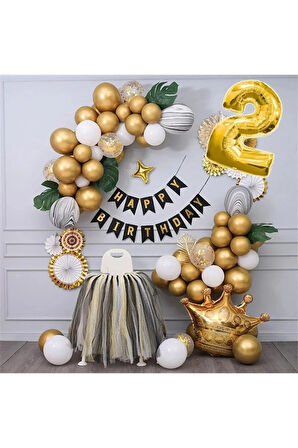 Kral Taçlı Gold Zincir Balon Doğum Günü Seti 2 Yaş