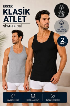 Erkek Penye Klasik Atlet 2’li Paket (Seher Yetkili Satıcısı)-Siyah(%100 Pamuk) Gri(%40 Pamuk %60 Polyester)