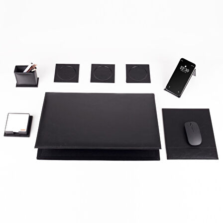 8 Parça Siyah Deri Sümen Seti Yeni İş Hediyesi Ekonomik Kaliteli Masa Sümen Takımı Ofis Hediyesi