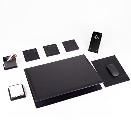 8 Parça Siyah Deri Sümen Seti Yeni İş Hediyesi Ekonomik Kaliteli Masa Sümen Takımı Ofis Hediyesi