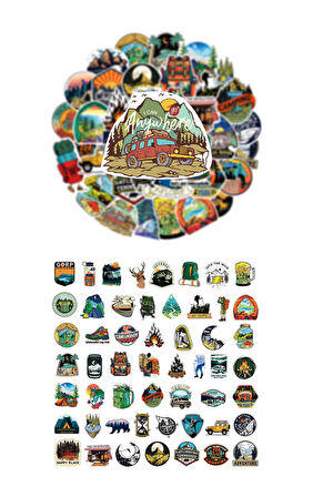 Vintage Sticker 50'li- Kamp Temalı Sticker 5-7cm