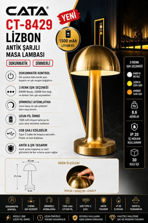 Şarjlı Masa Lambası Lizbon Dokunmatik Dimmerli 3 Renk Işık Ayarlı USB Type-C Antik Gold Abajur