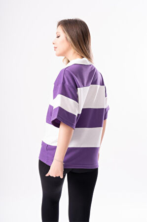 Kadın Polo Yaka Çizgili Oversize T-Shirt