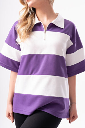 Kadın Polo Yaka Çizgili Oversize T-Shirt