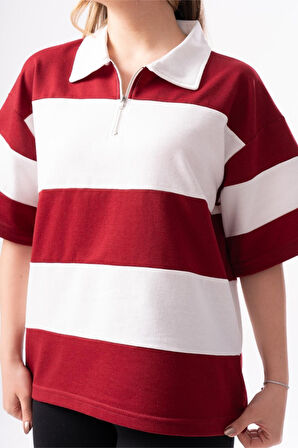 Kadın Polo Yaka Çizgili Oversize T-Shirt