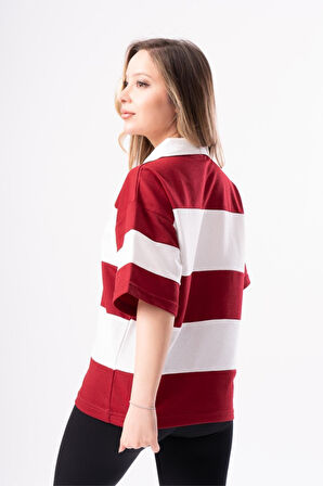Kadın Polo Yaka Çizgili Oversize T-Shirt