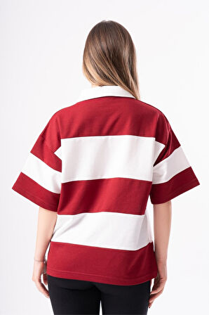 Kadın Polo Yaka Çizgili Oversize T-Shirt