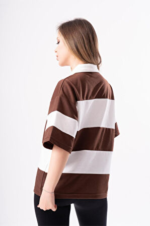 Kadın Polo Yaka Çizgili Oversize T-Shirt