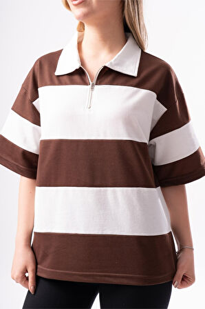 Kadın Polo Yaka Çizgili Oversize T-Shirt