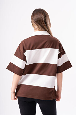Kadın Polo Yaka Çizgili Oversize T-Shirt