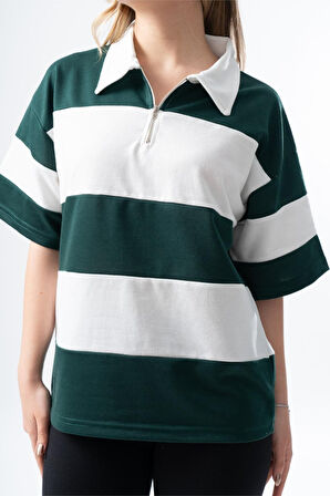Kadın Polo Yaka Çizgili Oversize T-Shirt