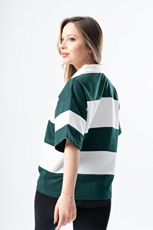Kadın Polo Yaka Çizgili Oversize T-Shirt