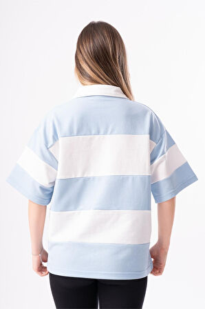 Kadın Polo Yaka Çizgili Oversize T-Shirt
