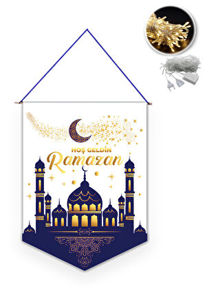 Kumaş Ramazan Banner Hoşgeldin Ramazan Flama + 10M Eklemeli Led - Hoşgeldin Ramazan Sarkıt