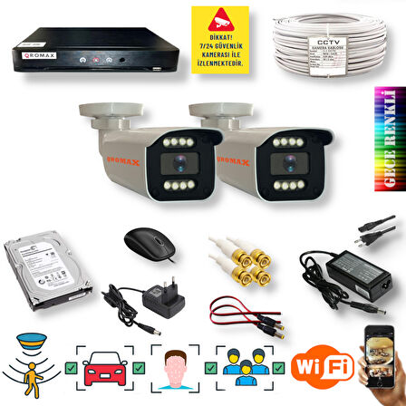 2 Kameralı Set - Yapay Zeka Özellikli İnsan Yüz Araç Tanımalı Gece Renkli Gösteren 5 MP SONY Lensli 8 Warm Ledli FULLHD Güvenlik Kamerası Seti 908W-114