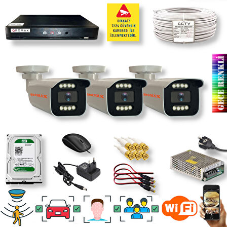 3 Kameralı Set - Yapay Zeka Özellikli İnsan Yüz Araç Tanımalı Gece Renkli Gösteren 5 MP SONY Lensli 8 Warm Ledli FULLHD Güvenlik Kamerası Seti 908W-114