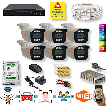 6 Kameralı Set - Yapay Zeka Özellikli İnsan Yüz Araç Tanımalı Gece Renkli Gösteren 5 MP SONY Lensli 8 Warm Ledli FULLHD Güvenlik Kamerası Seti 908W-9008M