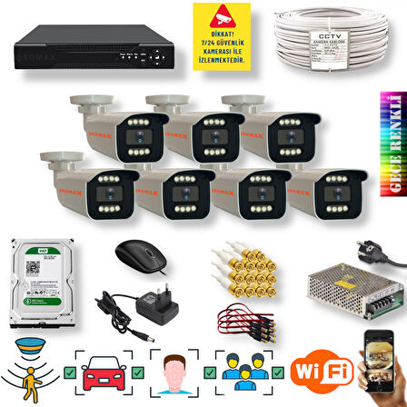 7 Kameralı Set - Yapay Zeka Özellikli İnsan Yüz Araç Tanımalı Gece Renkli Gösteren 5 MP SONY Lensli 8 Warm Ledli FULLHD Güvenlik Kamerası Seti 908W-9008M