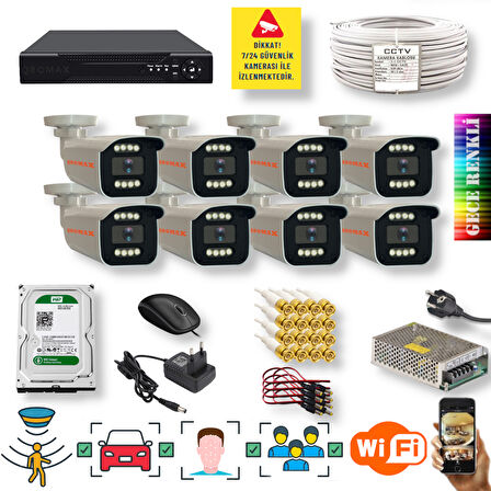 8 Kameralı Set - Yapay Zeka Özellikli İnsan Yüz Araç Tanımalı Gece Renkli Gösteren 5 MP SONY Lensli 8 Warm Ledli FULLHD Güvenlik Kamerası Seti 908W-9008M