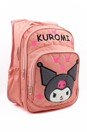 3 Gözlü Tüylü Kuromi İlkokul Çantası + Beslenme - Kuromi İlkokul Kız Çantası Mini Kafalı