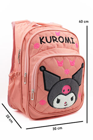 3 Gözlü Tüylü Kuromi İlkokul Çantası + Beslenme - Kuromi İlkokul Kız Çantası Mini Kafalı