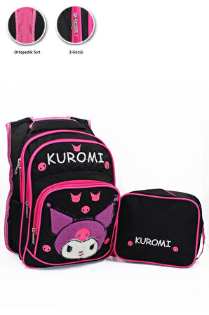 3 Gözlü Tüylü Kuromi İlkokul Çantası + Beslenme - Kuromi İlkokul Kız Çantası Mini Kafalı