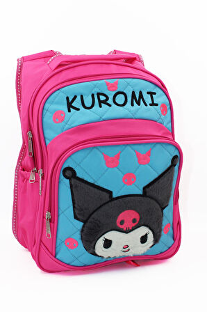 3 Gözlü Tüylü Kuromi İlkokul Çantası + Beslenme - Kuromi İlkokul Kız Çantası Mini Kafalı