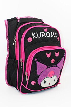 3 Gözlü Tüylü Kuromi İlkokul Çantası + Beslenme + Suluk - Kuromi İlkokul Kız Çantası Mini Kafalı