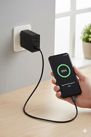 TYPE-C & TYPE-A HIZLI ŞARJ ALETİ ÜÇLÜ (65W-25W-15W) - SİYAH