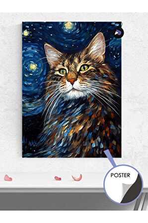 Van Gogh Tarzı Maine Coon Kedi Hayvan Poster - Afiş - Dekoratif Duvar Posteri