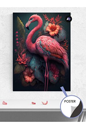 Flamingo ve Çiçekler Hayvan Poster - Afiş - Dekoratif Duvar Posteri