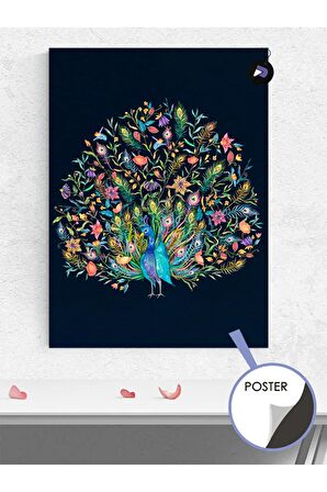 Tavus Kuşu Çiçekleri Hayvan Poster - Afiş - Dekoratif Duvar Posteri