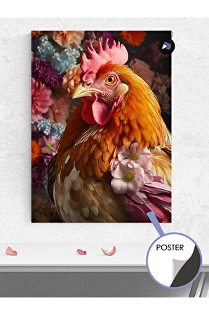 Horoz ve Çiçekler Hayvan Poster - Afiş - Dekoratif Duvar Posteri