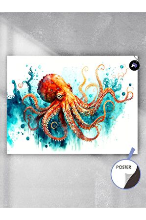 Ahtapot ve Okyanus Hayvan Poster - Afiş - Dekoratif Duvar Posteri
