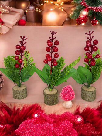 3lü set Yapay Çiçek Yılbaşı Çiçeği Kokinalı Kütük Saksılı Dekoratif Süs 20cm
