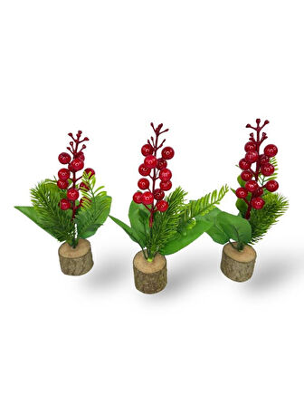 3lü set Yapay Çiçek Yılbaşı Çiçeği Kokinalı Kütük Saksılı Dekoratif Süs 20cm
