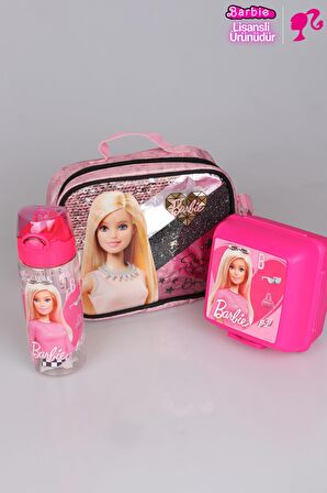 DEKOMUS LİSANSLI BARBIE GİZEMLİ PARILTILAR KOLEKSİYONU "COLLEGE" BESLENME ÇANTASI,500 ML MATARA VE BESLENME KABI SETİ