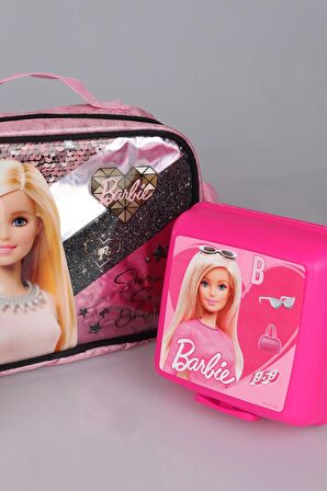 DEKOMUS LİSANSLI BARBIE GİZEMLİ PARILTILAR KOLEKSİYONU "COLLEGE" BESLENME ÇANTASI,500 ML MATARA VE BESLENME KABI SETİ