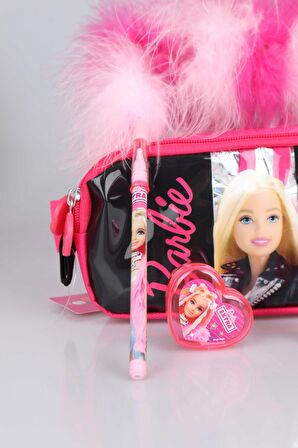 DEKOMUS LİSANSLI BARBIE GIRL POWER KOLEKSİYONU KALEM ÇANTASI,TÜYLÜ GEÇMELİ KALEM,KALPLİ KALEMTRAŞ,SÜPÜRGE SİLGİ VE KURŞUN KALEM SETİ