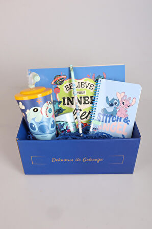 DEKOMUS İLE ÖZEL KUTULU GIFT BOX LİSANSLI STITCH "GALAXY POP" KIRTASİYE SETİ RESİM DEFTERİ,KALEM,SİLGİ