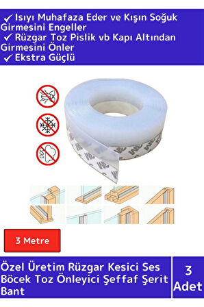 Premium Rüzgar Ses Böcek Toz Önleyici Kapı Pencere Isı Izolasyon Şeffaf Şerit Bant 3 Mtre 3 Ad