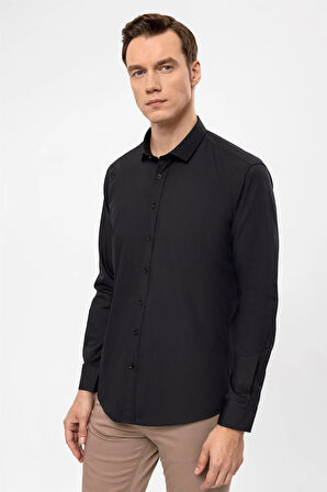 Siyah Slim Fit Düz Klasik Yaka Gömlek