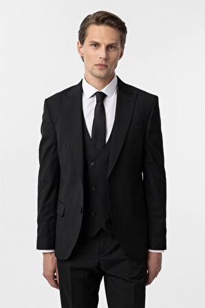 Siyah Slim Fit Düz Sivri Yaka 6 Drop Yelekli Klasik Takım Elbise