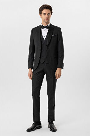 Siyah Slim Fit Armürlü Sivri Yaka 6 Drop Smokin & Damatlık